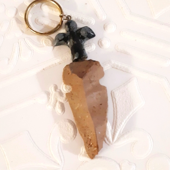 Snowflake Obsidian Stone Arrowhead Keychain Charm - Picture 1 of 4